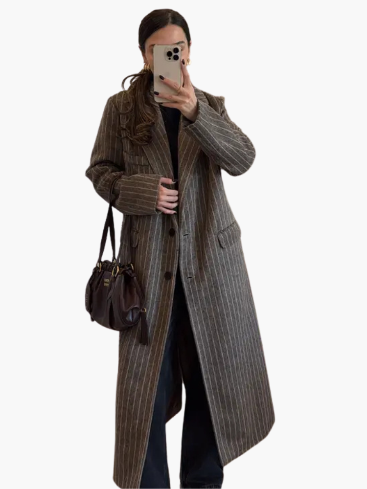 Luxe Linnenlook Dames Mantel – De Emma Gestreepte Winterjas