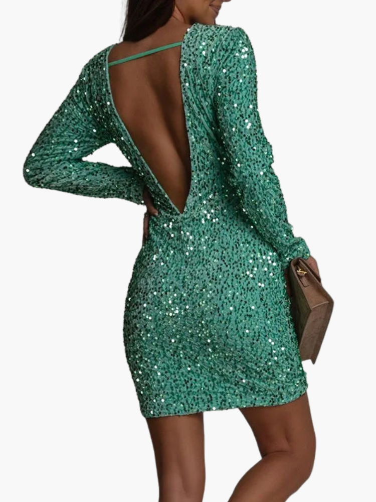 Glitter Mini Jurk met Lange Mouwen en Open Rug