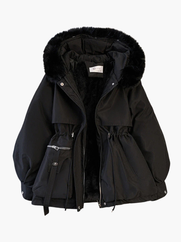 Emma | Warme Zwarte Winterjas met Luxe Faux Fur Kraag