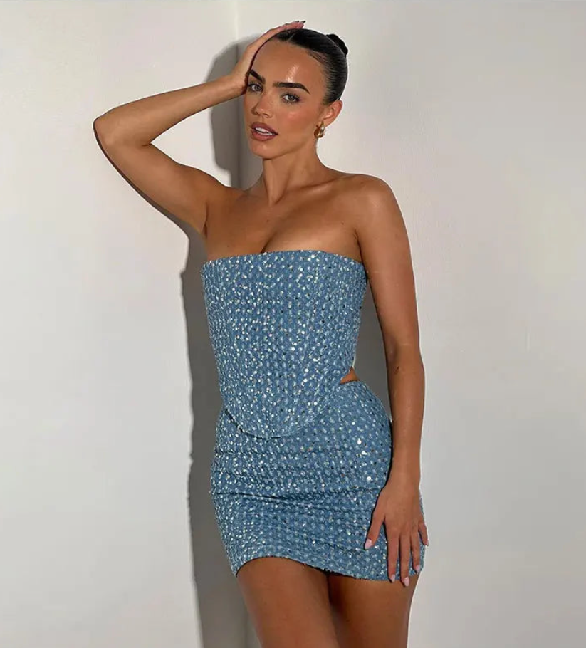 ROMY | Glitter set denim top + rok