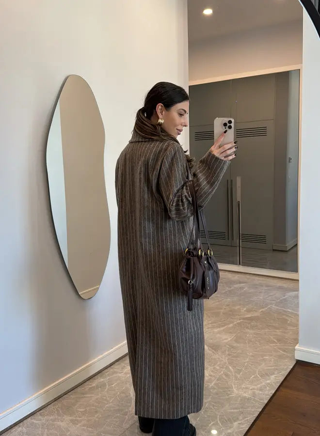 Luxe Linnenlook Dames Mantel – De Emma Gestreepte Winterjas