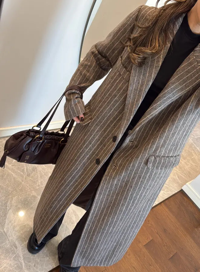 Luxe Linnenlook Dames Mantel – De Emma Gestreepte Winterjas