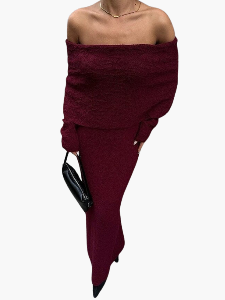 Off-Shoulder Bordeaux Jurk – De Sophia Burgundy Maxi Jurk