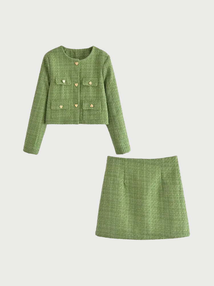 BELLA | Groene tweed set met hartjes knopen